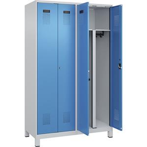 Multifunctionele lockerkast Evolo PLUS, 2 compartimenten, scheidingswand ingekort, lichtgrijs / lichtblauw, b = 1200 mm, met brede voeten, cilinderslot