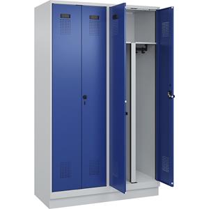 Multifunctionele lockerkast Evolo PLUS, 2 compartimenten, scheidingswand ingekort, lichtgrijs / gentiaanblauw, b = 1200 mm, met bodemsokkel, veiligheidsdraaigrendel