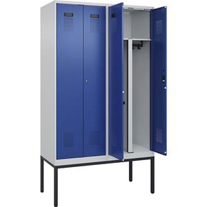 Multifunctionele lockerkast Evolo PLUS, 2 compartimenten, scheidingswand ingekort, lichtgrijs / gentiaanblauw, b = 1200 mm, met smalle voeten, cilinderslot
