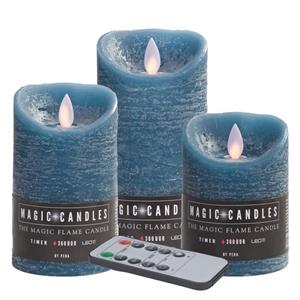 Magic Flame Kaarsen set van 3x stuks Led stompkaarsen jeans blauw met afstandsbediening -