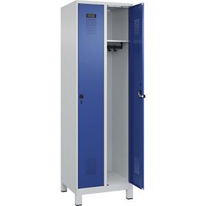 C+P Lockerkast Evolo PLUS, 2 compartimenten, lichtgrijs / gentiaanblauw, b = 600 mm, met brede voeten, draaigrendel