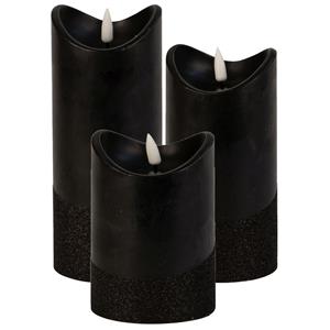 Merkloos LED stompkaarsen - set 3x st - zwart - warm wit licht - wax - H12,5, H15 en H17,5 cm -