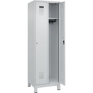 C+P Lockerkast Evolo PLUS, 2 compartimenten, lichtgrijs, b = 600 mm, met brede voeten, cilinderslot