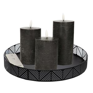 Anna's Collection LED kaarsen/stompkaarsen - 3x st - met rond dienblad/kaarsenbord 29,5 cm - zwart -