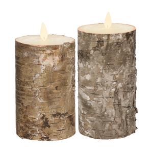 Anna's Collection LED kaarsen/stompkaarsen - set 2x - bruin berkenhout - H12,5 en H15 cm - bewegende vlam -