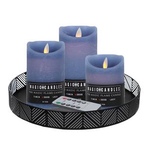 Merkloos LED kaarsen/stompkaarsen - 3x st - ijsblauw - met zwart rond kaarsenbord 29,5 cm -