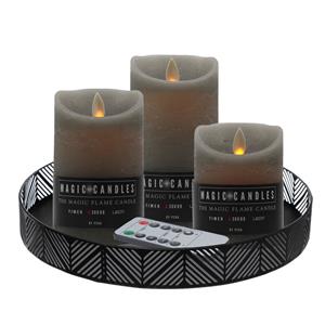 Merkloos LED kaarsen/stompkaarsen - 3x st - grijs - met zwart rond kaarsenbord 29,5 cm -