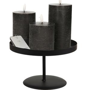 Merkloos LED kaarsen/stompkaarsen - 3x st - zwart - met zwart rond kaarsenbord 22 cm -