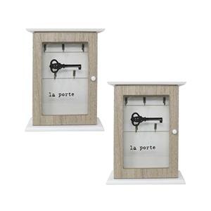 Merkloos Sleutelkastje hout met 5 haakjes - 2x - 20 x 6 x 26cm - transparant deurtje - wit/houtkleur -