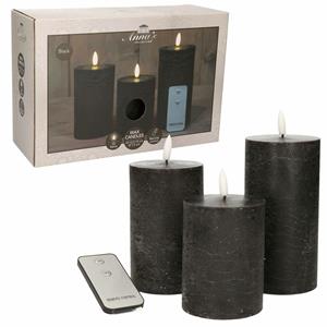 Anna's Collection LED Stompkaarsen met afstandsbediening - 6x - zwart - 10/12.5/15 cm -