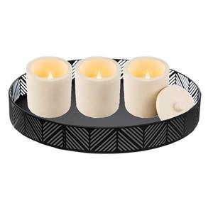 Lumineo LED kaarsen met deksel - 3x st - beton wit - met zwart rond dienblad/kaarsenbord 29,5 cm -