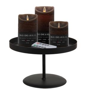 Merkloos LED kaarsen/stompkaarsen - 3x st - bruin - met zwart rond kaarsenbord 22 cm -