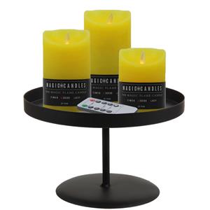 Merkloos LED kaarsen/stompkaarsen - 3x st - geel - met zwart rond kaarsenbord 22 cm -