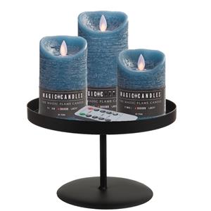 Merkloos LED kaarsen/stompkaarsen - 3x st - jeans blauw - met zwart rond kaarsenbord 22 cm -