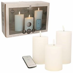 Anna's Collection LED Stompkaarsen met afstandsbediening - 9x - wit - 10/12.5/15 cm -