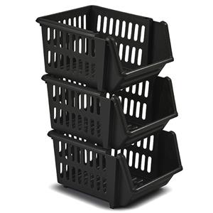 Whitefurze Manden/organisers - 3x stuks - stapelbaar - zwart - 23 x 21 x 13 cm -