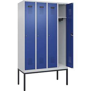 C+P Lockerkast Evolo PLUS, 4 compartimenten, lichtgrijs / gentiaanblauw, b = 1200 mm, met smalle voeten, cilinderslot