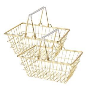 Merkloos Klein winkelmandje - Set van 2x stuks - goud - metaal - draadmandje - 18 x 13 x 8 cm -