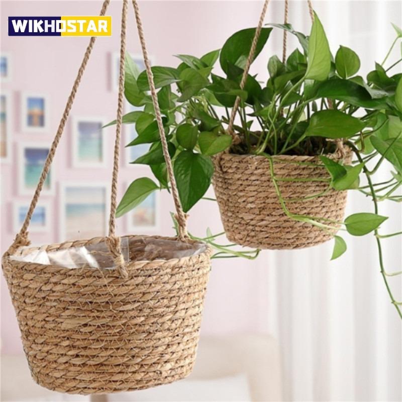 WIKHOSTAR Tuin Hangende Plantenbak Macramé Planten Opbergmand Jute Touw Geweven Binnen Buiten Bloempot Houder Plantenhangers Woondecoratie Primary color