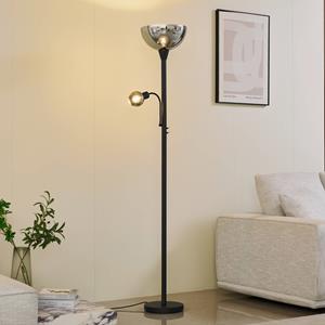 LINDBY vloerlamp Nehemia, zwart, glas, leeslampje, 185 cm