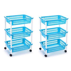 PlasticForte keukentrolley/badkamer - 2x stuks - op wieltjes - 3-laags - blauw - kunststof - x 30 x 61,5 Cm -