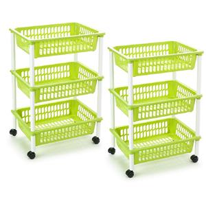 PlasticForte keukentrolley/badkamer - 2x stuks - op wieltjes - 3-laags - lime groen - kunststof - x 30 x 61,5 -