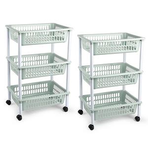 PlasticForte keukentrolley/badkamer - 2x stuks - op wieltjes - 3-laags - mintgroen - kunststof - x 30 x 61,5 C -
