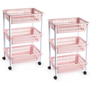 PlasticForte keukentrolley/badkamer - 2x stuks - op wieltjes - 3-laags - oudroze - kunststof - x 30 x 61,5 Cm -
