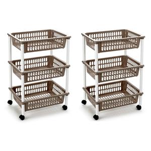 PlasticForte keukentrolley/badkamer - 2x stuks - op wieltjes - 3-laags - taupe - kunststof - x 30 x 61,5 Cm -