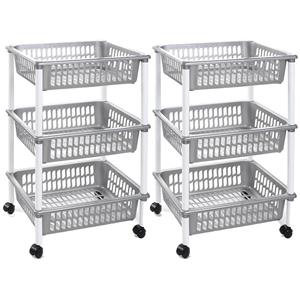 Merkloos keukentrolley/badkamer - Set van 2x stuks - op wieltjes - 3-laags - zilver - kunststof - x 30 x 6 -