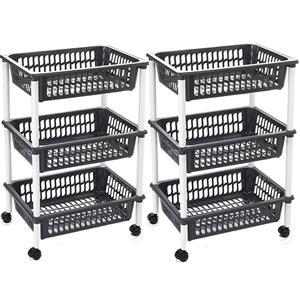Merkloos keukentrolley/badkamer - Set van 2x stuks - op wieltjes - 3-laags - zwart - kunststof - x 30 x 61 -