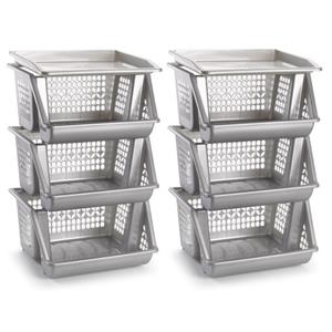 Merkloos Opbergkrat - 2x - zilver - 3 vakken - 62 cm - Stapelkratten - Stapelbare manden -