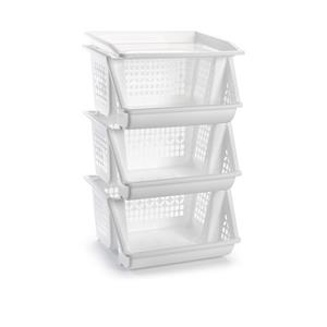 Merkloos Opbergkrat - 6x - wit - 3 vakken - 62 cm - Stapelkratten - Stapelbare manden -