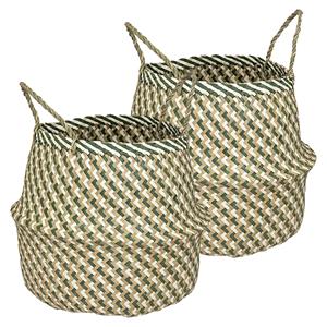 Atmosphera Opbergmand Elie - 2x - rond - riet - groen/bruin - 35 x cm - opvouwbaar - decoratie mand -
