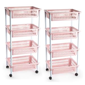 PlasticForte 2x stuks opberger/organiser trolley/roltafel met 4 manden 85 cm oud roze -