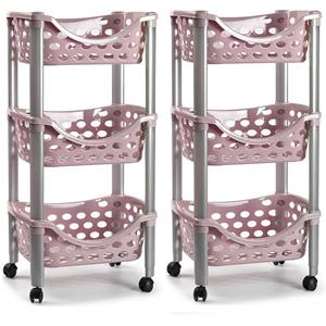 PlasticForte Set van 2x keukentrolley/roltafel 3 laags kunststof roze x 65 cm -