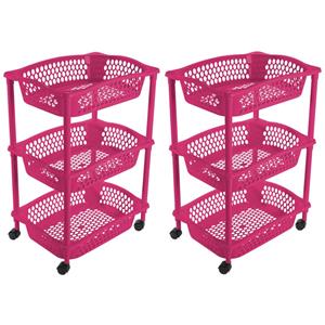 Hega Hogar 2x stuks keuken opberg trolleys/roltafels met 3 manden 62 cm fuchsia roze -