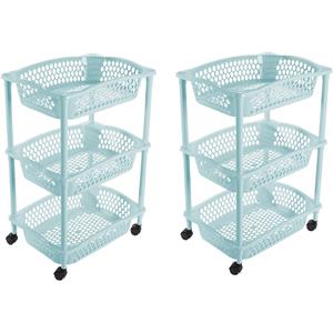 Hega Hogar 2x stuks keuken opberg trolleys/roltafels met 3 manden 62 cm lichtblauw -