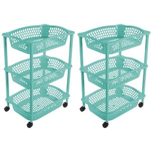 Hega Hogar 2x stuks keuken opberg trolleys/roltafels met 3 manden 62 cm turquoise blauw -