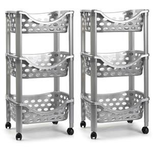 PlasticForte Set van 2x keukentrolley/roltafel 3 laags kunststof zilver x 65 cm -