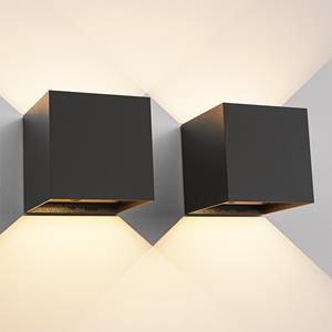 HOFTRONIC™ 2-pack - Kansas wandlamp op batterijen - Zwart - IP44 Binnen & buiten - 3000K warmwit licht - Up & Down - USB oplaadbare wandlamp - grote accu - Incl. Bewegingssensor