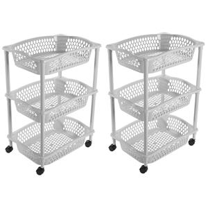 Hega Hogar 2x stuks keuken opberg trolleys/roltafels met 3 manden 62 cm lichtgrijs -