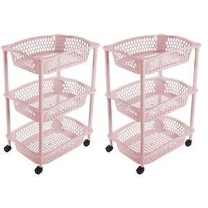 Hega Hogar 2x stuks keuken opberg trolleys/roltafels met 3 manden 62 cm lichtroze -