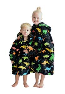 Comvie Dino deken kind met capuchon - fleece poncho-134 t/m 158 (ca.8-12 jaar)