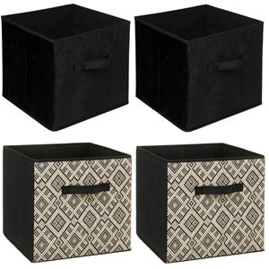 5five Set van 4x stuks opbergmanden/kastmanden 29 liter zwart/creme polyester 31 x 31 x 31 cm -