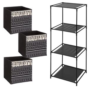 5five Kastmandjes/opberg mandjes - zwart/print - 3x stuks van 29 Liter - In rekje van x cm -