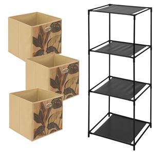 5five Kastmandjes/opberg mandjes - beige/print - 3x stuks van 29 Liter - In rekje van x cm -