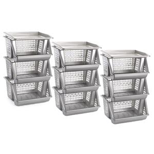 Merkloos Opbergkrat - 3x - zilver - 3 vakken - 62 cm - Stapelkratten - Stapelbare manden -