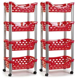 PlasticForte Set van 2x keukentrolley/roltafel 4 laags kunststof rood x 88 cm -