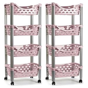 PlasticForte Set van 2x keukentrolley/roltafel 4 laags kunststof roze x 88 cm -